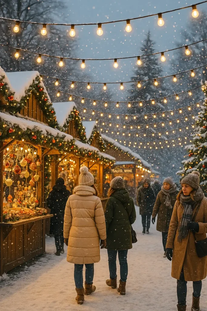 A magical snowy Christmas market scene with wooden stalls selling ornaments and mulled wine, string lights overhead, festive garlands on each booth, shoppers in cozy coats and scarves, and a backdrop of twinkling snow-covered trees.