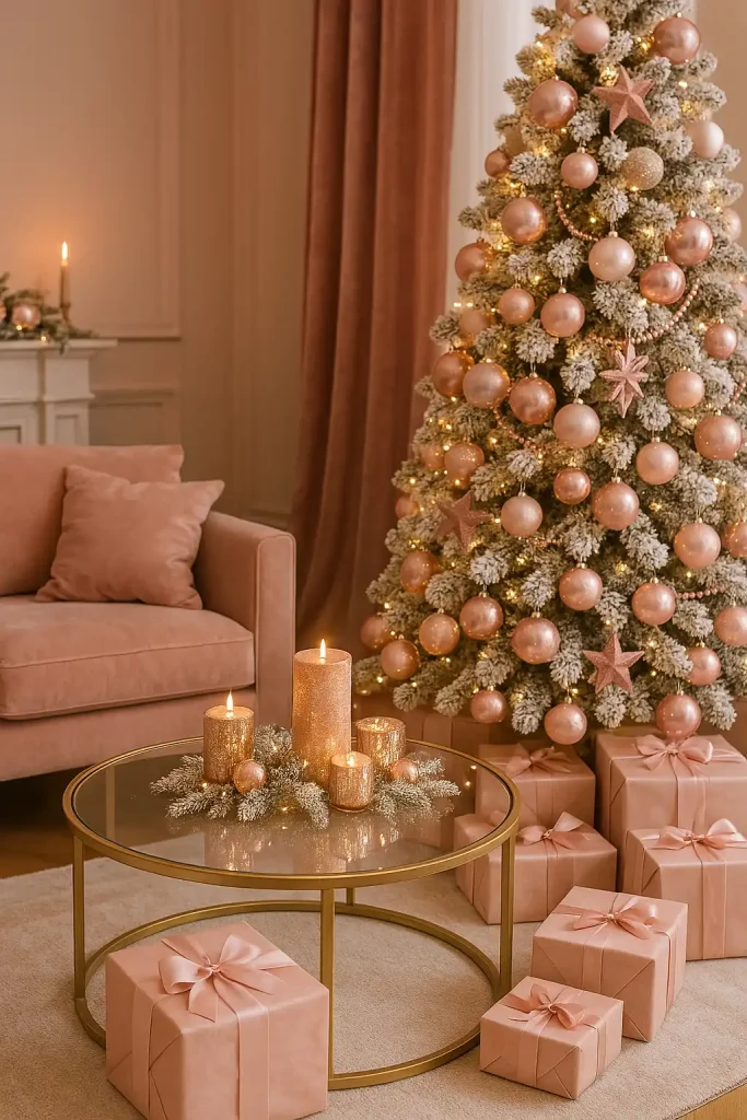 A chic and feminine Christmas setting with a blush pink and rose gold color palette, featuring a flocked tree decorated with soft pink ornaments, metallic garlands, velvet ribbons, rose gold baubles, pastel-wrapped presents, and a glass coffee table with glittery candle arrangements.