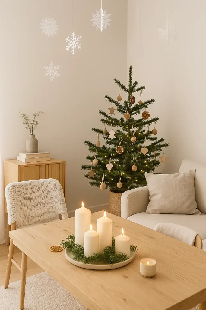 A minimalist Scandinavian-style interior with white and neutral tones, a small potted pine tree decorated with wooden ornaments and dried orange slices, paper snowflakes hanging from the ceiling, simple candle arrangements on a wooden dining table, and cozy textiles like wool and linen.