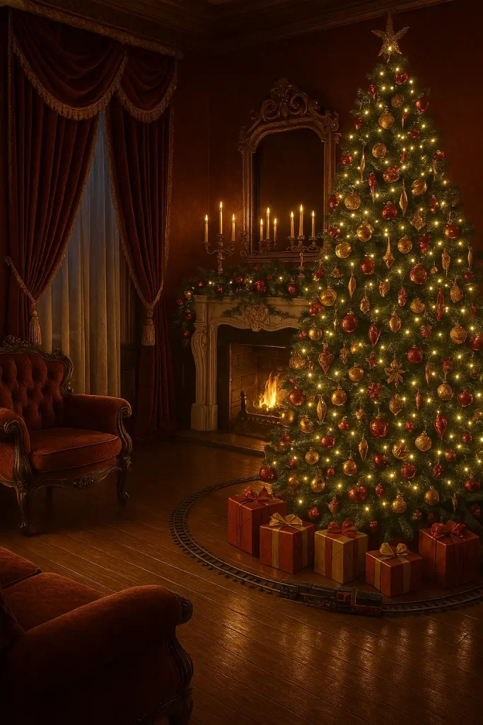 An opulent Victorian-style parlor decorated for Christmas with heavy velvet curtains, a richly adorned Christmas tree with vintage glass ornaments, a marble fireplace with ornate garlands, candelabras on the mantle, and a classic train set circling the tree base.