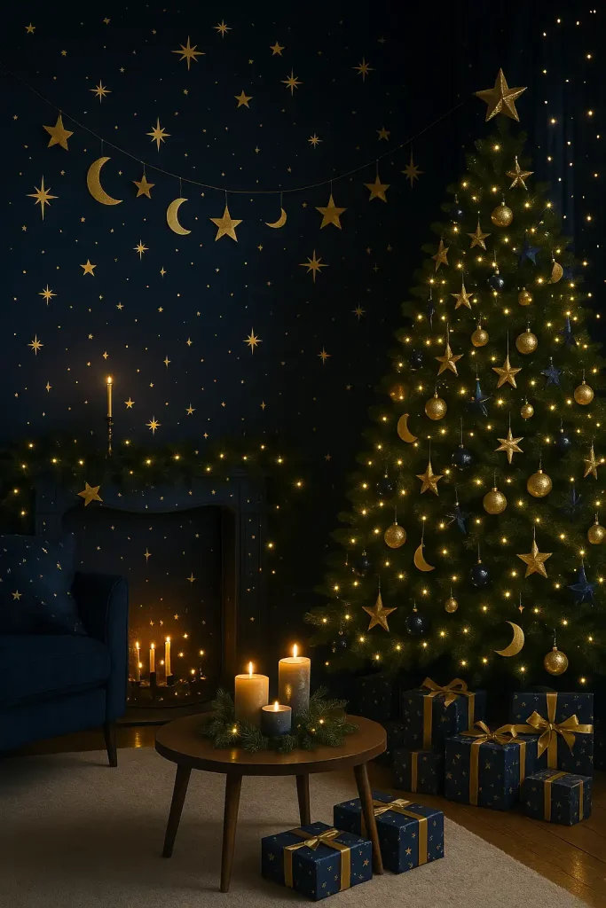 A dreamy celestial-themed Christmas room with midnight blue and gold color tones, star-shaped ornaments, crescent moon garlands, constellation wall decals, twinkle lights creating a starry sky effect, and cosmic-themed wrapping paper under the tree.