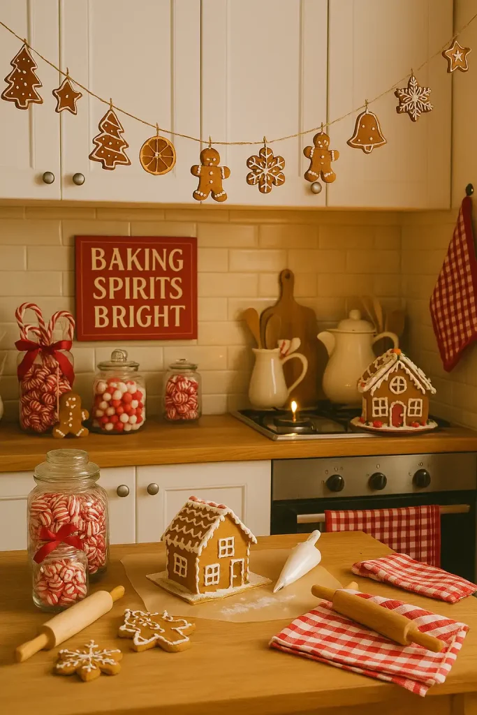 A festive kitchen filled with gingerbread-themed decorations, garlands of cookie cutouts, peppermint candy jars, a table set for baking with rolling pins and icing, gingerbread houses in progress, red and white kitchen towels, and a sign that reads 'Baking Spirits Bright'.