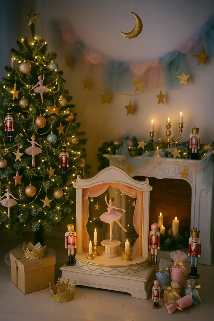 A whimsical Christmas display inspired by The Nutcracker, with elegant ballerina ornaments, toy soldiers, pastel-colored tulle garlands, a small stage-like centerpiece, golden crowns and ribbons, and a magical, fairytale ambiance with soft spotlighting.