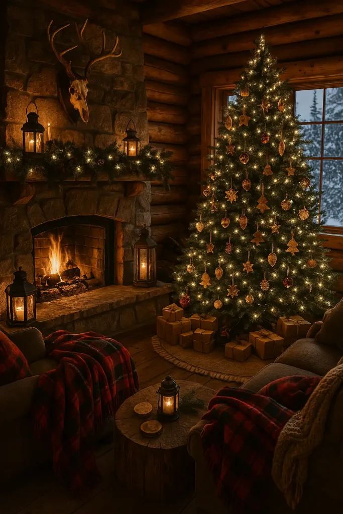 A rustic log cabin interior surrounded by snowy forest, with a roaring fireplace, plaid blankets, a fresh-cut pine tree decorated with handmade ornaments, vintage lanterns, wood-slice coasters, and deer antler decor above the mantle.