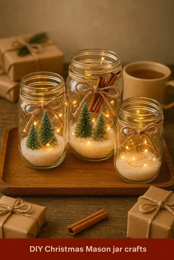 A collection of DIY Christmas mason jar crafts used for decor, with jars filled with faux snow, mini bottle-brush trees, fairy lights, cinnamon sticks, and twine bows, arranged on a wooden tray next to a cup of hot cider and wrapped gifts.