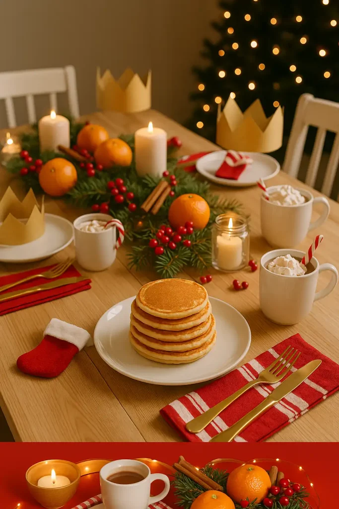 A cheerful breakfast table set for Christmas morning with stacks of pancakes, mugs of cocoa topped with whipped cream, red and white napkins, mini stockings at each place setting, a centerpiece of oranges and cinnamon, and paper crowns for everyone.
