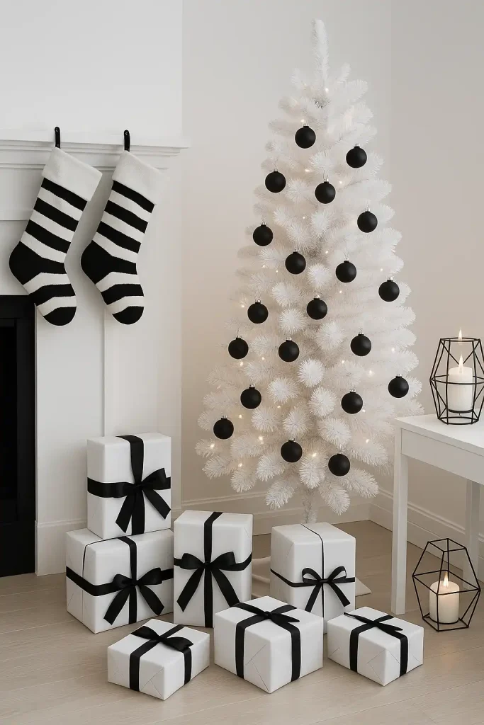 A sleek and modern Christmas decor in a monochrome black and white palette, featuring a white artificial tree with matte black ornaments, minimalist gift wrapping with black ribbon and white paper, striped stockings, and geometric candle holders.