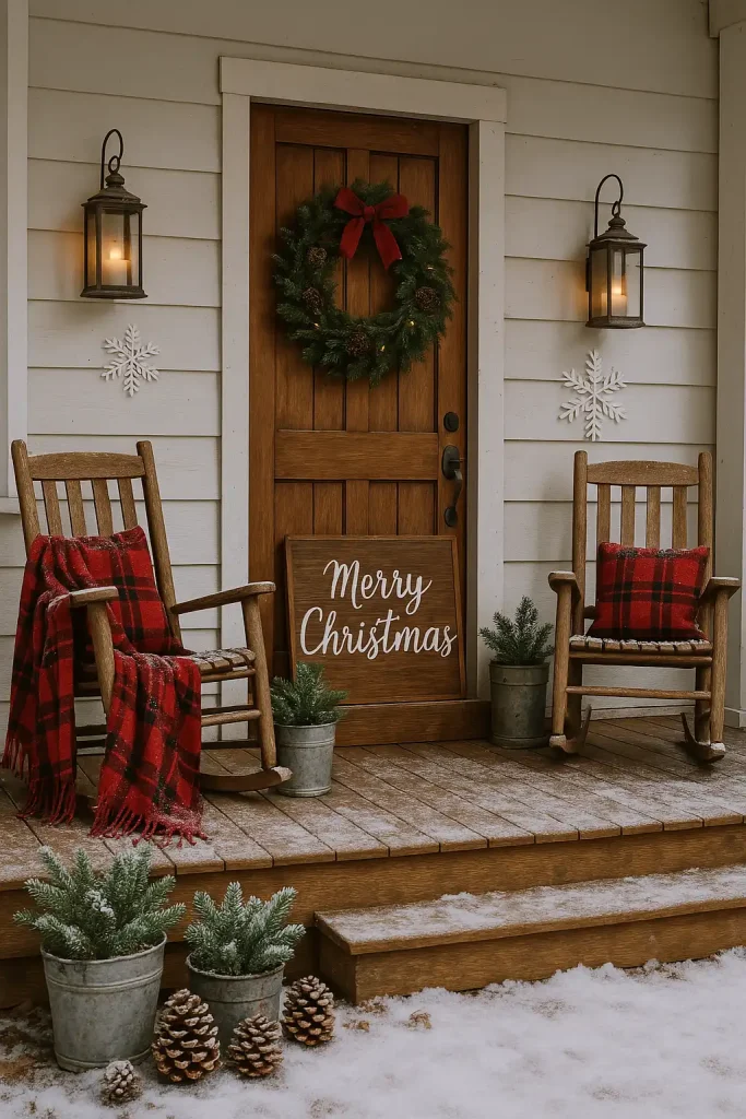A rustic farmhouse porch decorated for Christmas, featuring vintage lanterns with candles, red plaid blankets draped over wooden rocking chairs, a handmade wooden sign that says 'Merry Christmas', pine wreath on the door, galvanized metal buckets with fresh pine branches, and snow-dusted pinecones.
