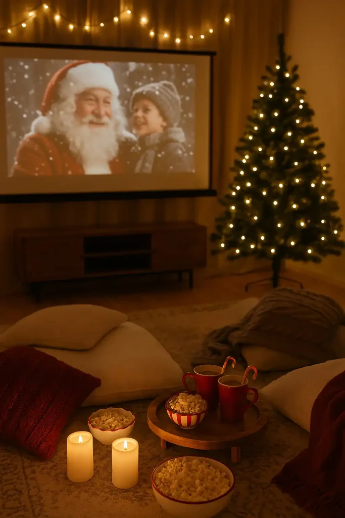 A cozy living room arranged for a Christmas movie night, with floor cushions and throw blankets, a projector screen showing a holiday classic, popcorn in festive bowls, mugs of hot cocoa with candy canes, and string lights adding a soft glow.