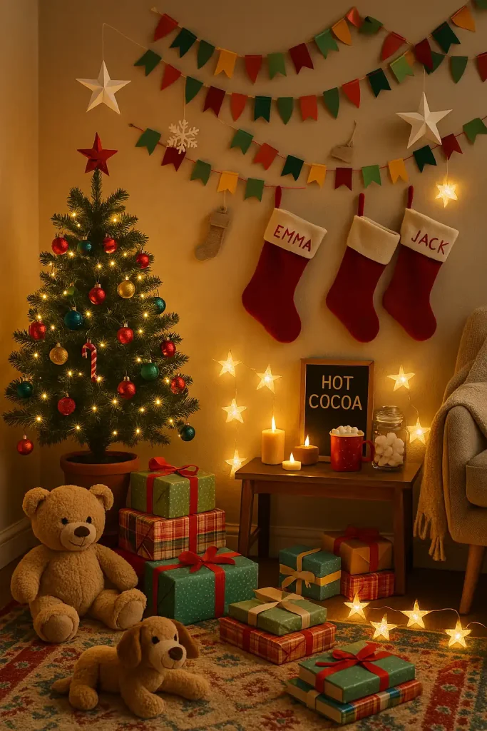 A magical Christmas corner for kids, with a mini Christmas tree decorated with colorful ornaments, fairy lights shaped like stars, a pile of plush toys and books wrapped as presents, DIY paper garlands, a hot cocoa station with marshmallows, and stockings with each childâs name.