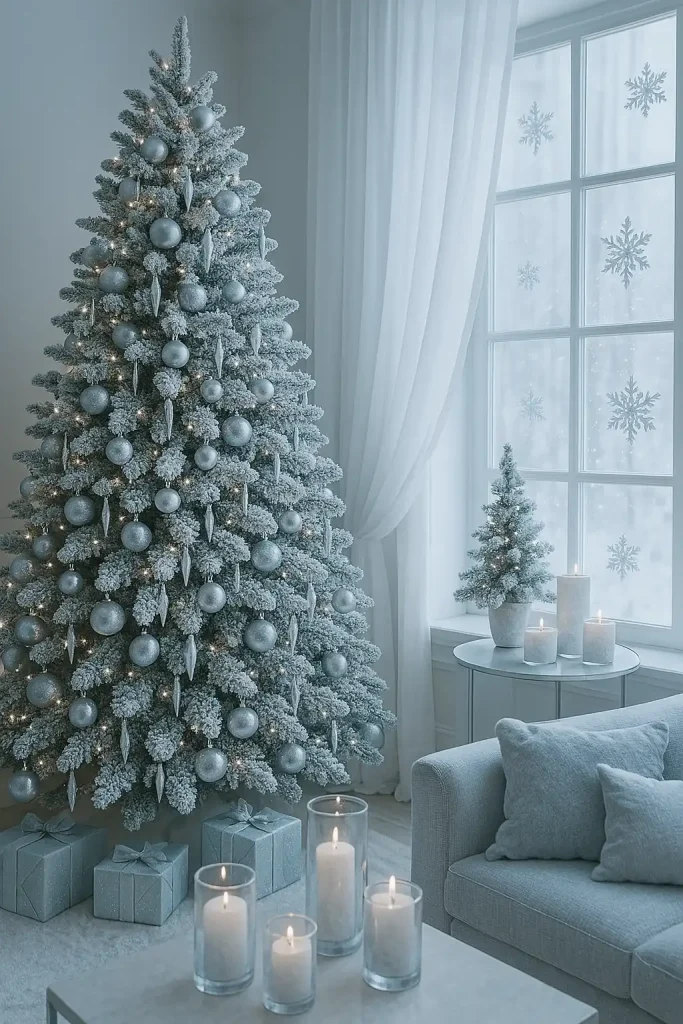 An elegant Christmas decor scene in an icy blue and silver color palette, with a flocked Christmas tree covered in snow-effect, silver baubles, icicle ornaments, sheer white curtains, frosted glass candle holders, and snowflake decals on the windows.