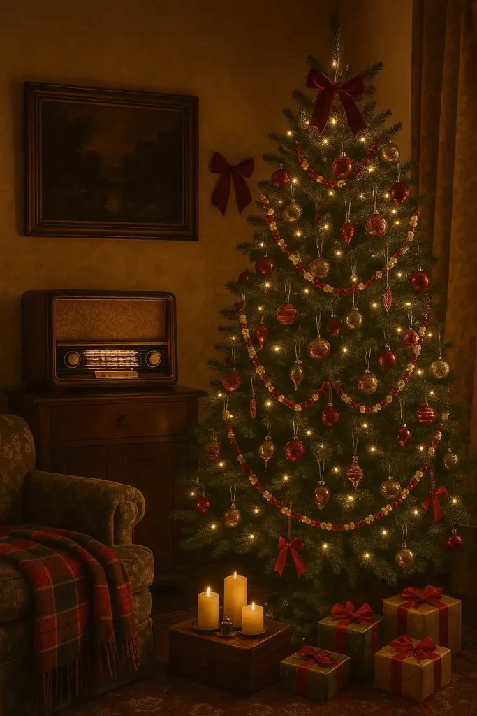 A vintage Christmas interior with antique decorations, an old-fashioned tree with popcorn and cranberry garlands, retro glass ornaments, classic red ribbons, an old radio playing Christmas songs, and a nostalgic color palette of deep reds, greens, and golds.