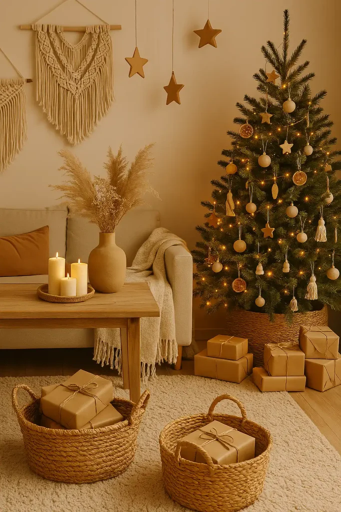 A boho-inspired Christmas setup with macramĂŠ wall hangings, a tree decorated with neutral-toned ornaments, pampas grass and dried florals, handmade clay stars, warm fairy lights, woven baskets filled with gifts, and earthy tones like terracotta and beige.