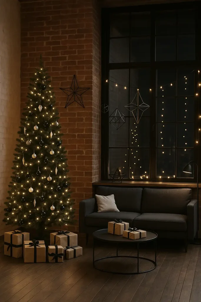 A stylish modern loft with high ceilings and exposed brick walls, decorated for Christmas with a tall, slim tree wrapped in monochrome ornaments (black, white, and silver), geometric metallic decorations, modern furniture, minimalist gift wrapping in kraft paper and black ribbon, and string lights across industrial windows.
