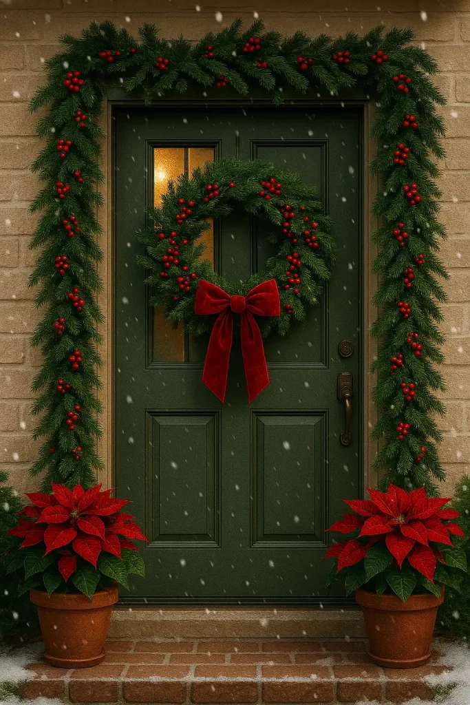 A front door decorated for Christmas in a traditional red and green color palette. Features a lush pine wreath with red berries, a red velvet bow, and matching garlands framing the doorway. Two potted poinsettias on either side. Snow gently falling in the background, warm golden light glowing from inside the home.