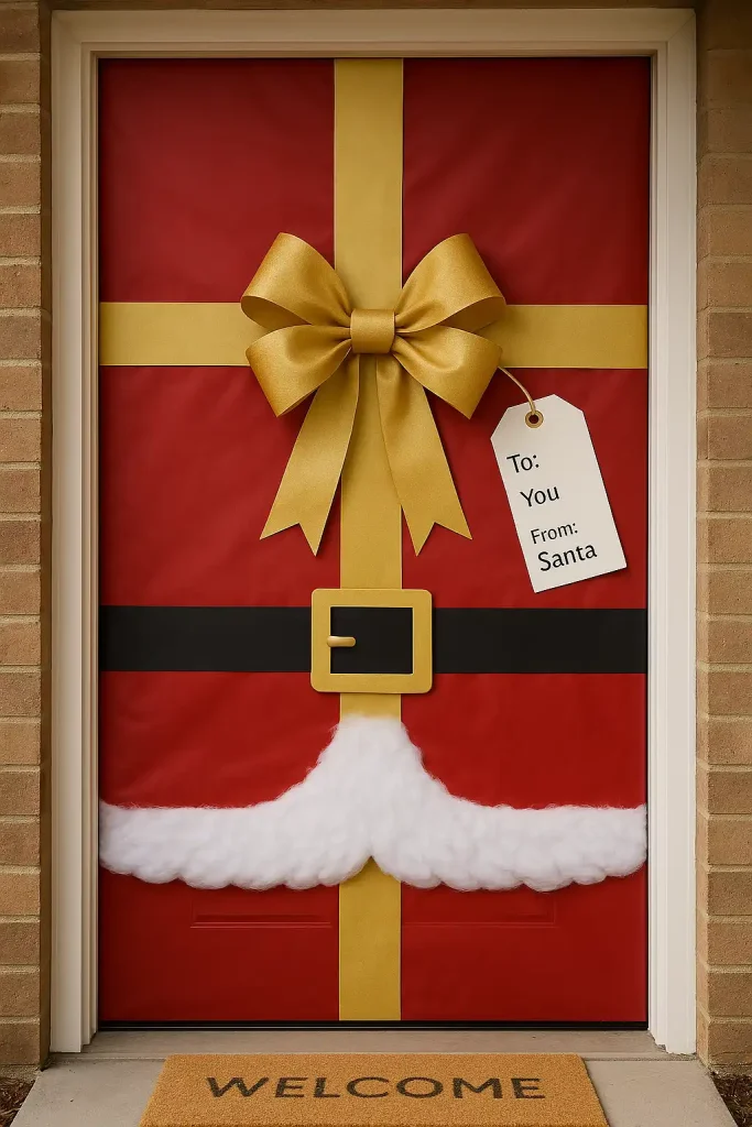 A front door decorated like a giant Christmas gift. Wrapped in red or gold wrapping paper, with a large ribbon and bow across the center. A gift tag that says “To: You, From: Santa”. Simple but impactful decoration style, great for apartments or dorms.