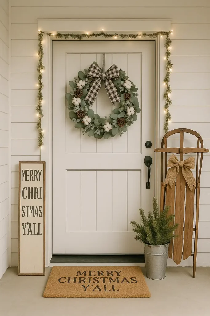 A white shiplap-style front door with a cotton and eucalyptus wreath. Buffalo plaid ribbons, burlap bows, a wooden sled leaning nearby, and farmhouse signs that say "Merry Christmas Y'all". Soft neutral colors like cream, tan, and forest green. Cozy country-style front porch decor.