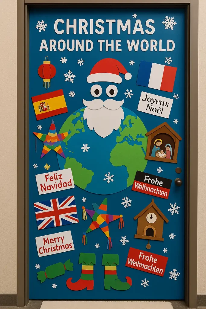 A door decorated with Christmas traditions from around the world. Paper flags or ornaments labeled with “Feliz Navidad,” “Joyeux Noël,” “Frohe Weihnachten,” etc. Miniatures of festive icons from different cultures—like lanterns, nativity scenes, piñatas. Inclusive and educational style.