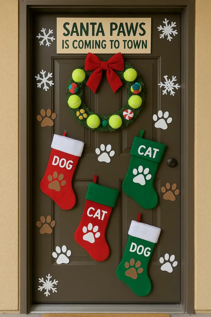 A door decorated with Christmas stockings labeled for dogs and cats, paw print ornaments, and a wreath made of tennis balls and chew toys. A cute sign saying “Santa Paws is Coming to Town.” Playful holiday vibe perfect for pet lovers.