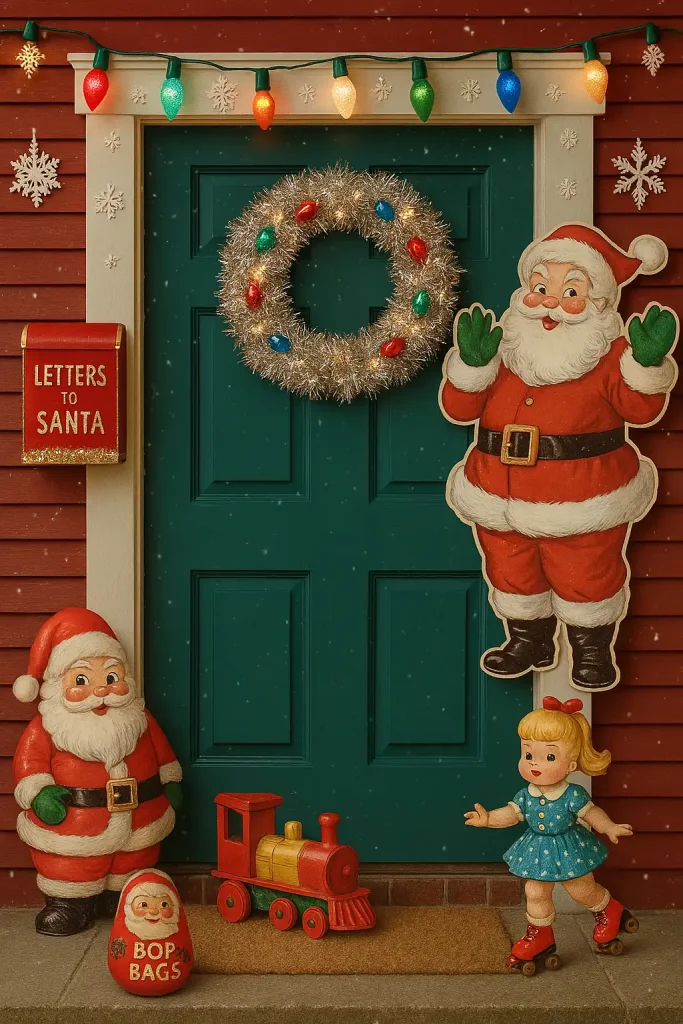 A retro 1950s-style Christmas door with a tinsel wreath, classic colored bulbs, and old-fashioned Santa cutouts. A mailbox marked “Letters to Santa” and vintage toys displayed on the steps. Nostalgic mid-century holiday style with reds, golds, and shiny metallics.