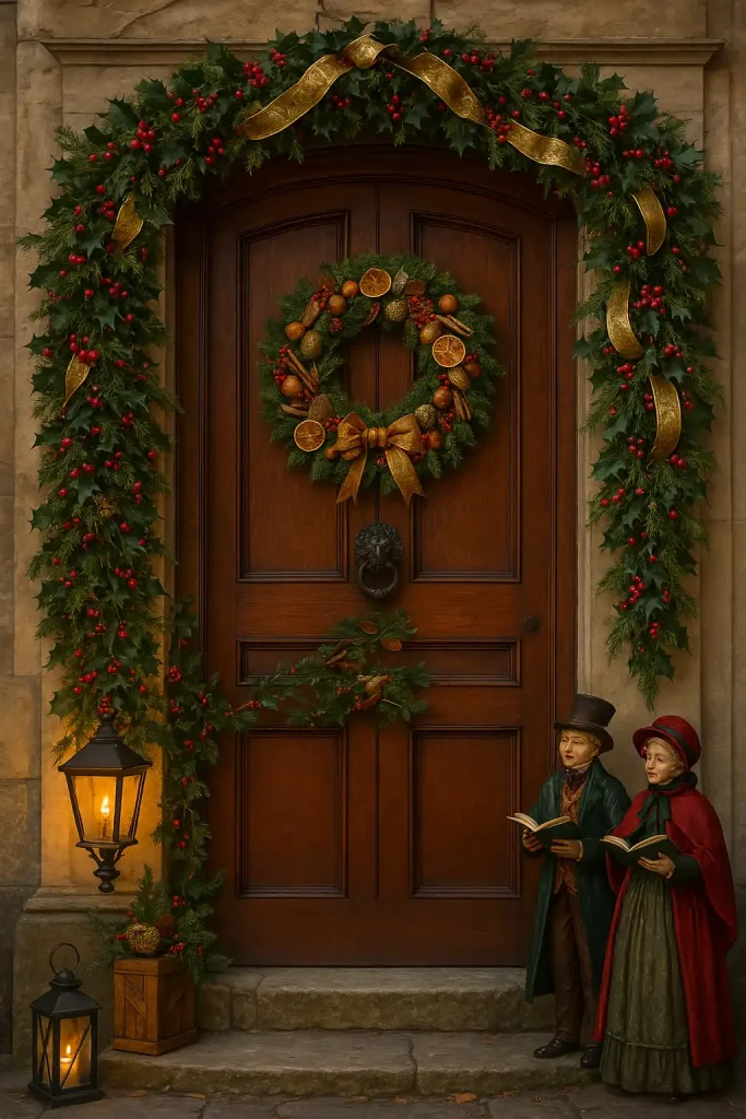 A tall wooden door with a lavish garland of holly, ivy, and gold-trimmed ribbon. A wreath with dried oranges, cinnamon sticks, and gilded fruit. A flickering lantern, ornate iron doorknocker, and carolers in period clothing nearby. Dickensian Christmas vibe.