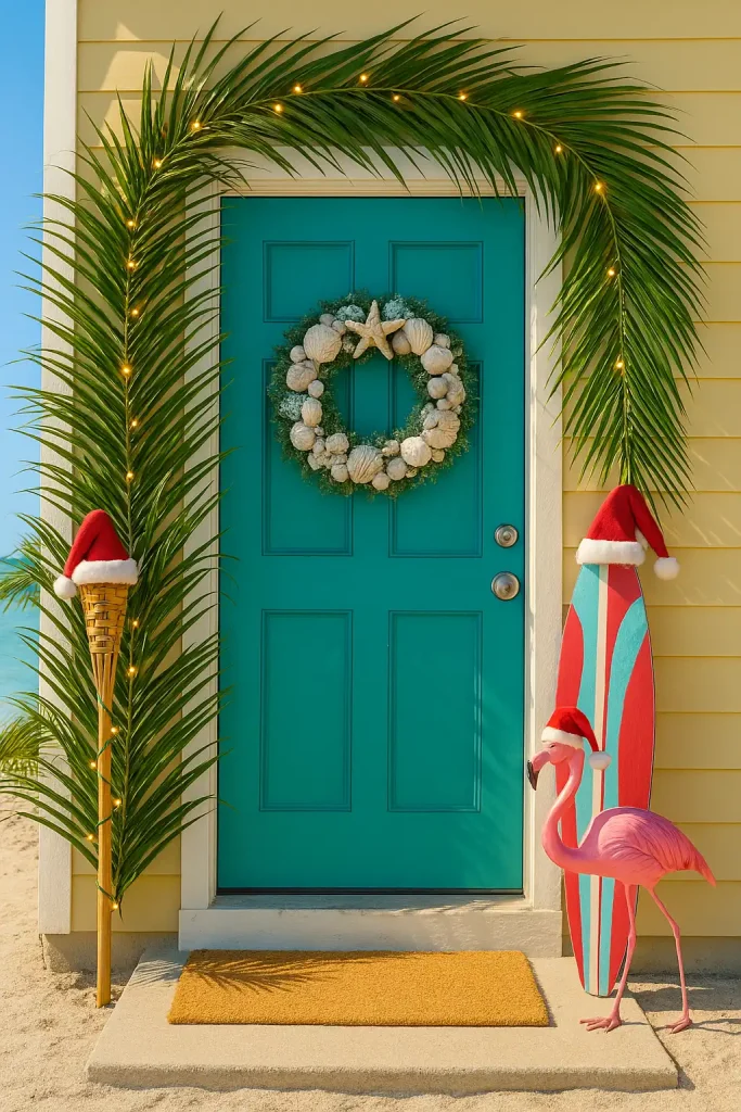 A sunny, beachside front door with palm fronds instead of pine garlands. Flamingo or surfboard decorations with Santa hats, a wreath made of seashells and starfish, and string lights wrapped around a tiki torch. Bright and fun coastal Christmas decor.