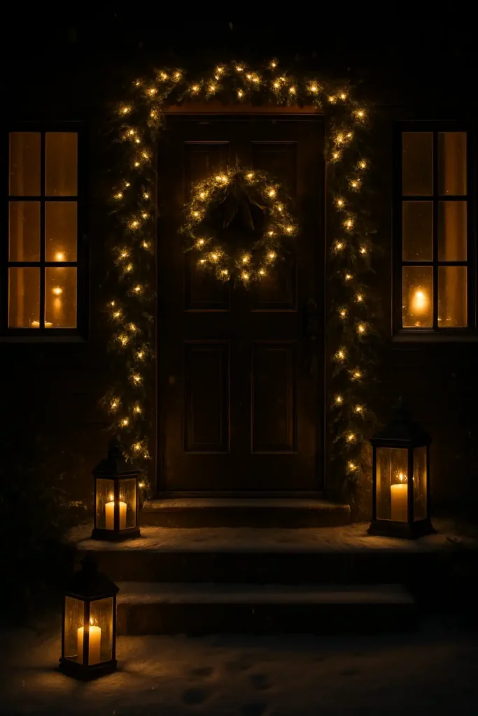 A Christmas door scene captured at night with glowing fairy lights, lanterns on the steps, and candle-lit windows. Warm white lights outline the door and garland, creating a cozy glow in the dark. Snow or frosty breath adds to the ambiance. Moody and magical atmosphere.
