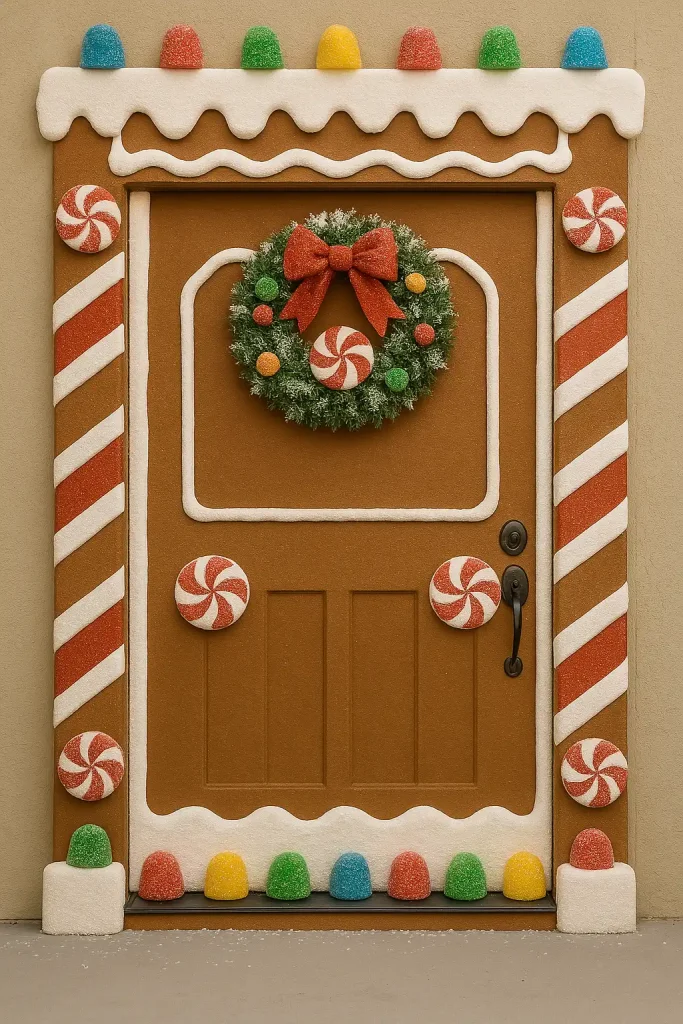 A whimsical Christmas door turned into a life-sized gingerbread house. Faux frosting trim, gumdrop cutouts, candy cane pillars, peppermint swirl accents, and a sugar-coated wreath. Looks edible and fairy tale-like. Great for schools, bakeries, or whimsical home decor.
