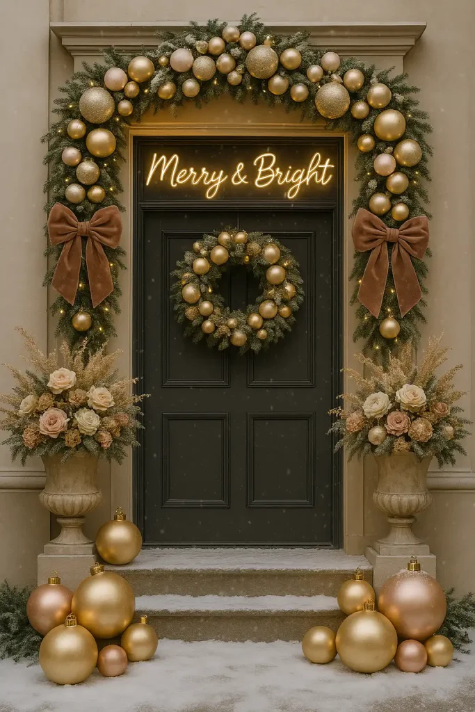 A designer Christmas door setup with oversized ornaments, velvet bows, matching floral arrangements, and dramatic garlands. Styled for an influencer photo op with gold and blush tones, a light dusting of snow, and a “Merry & Bright” neon sign nearby. Chic and glamorous.