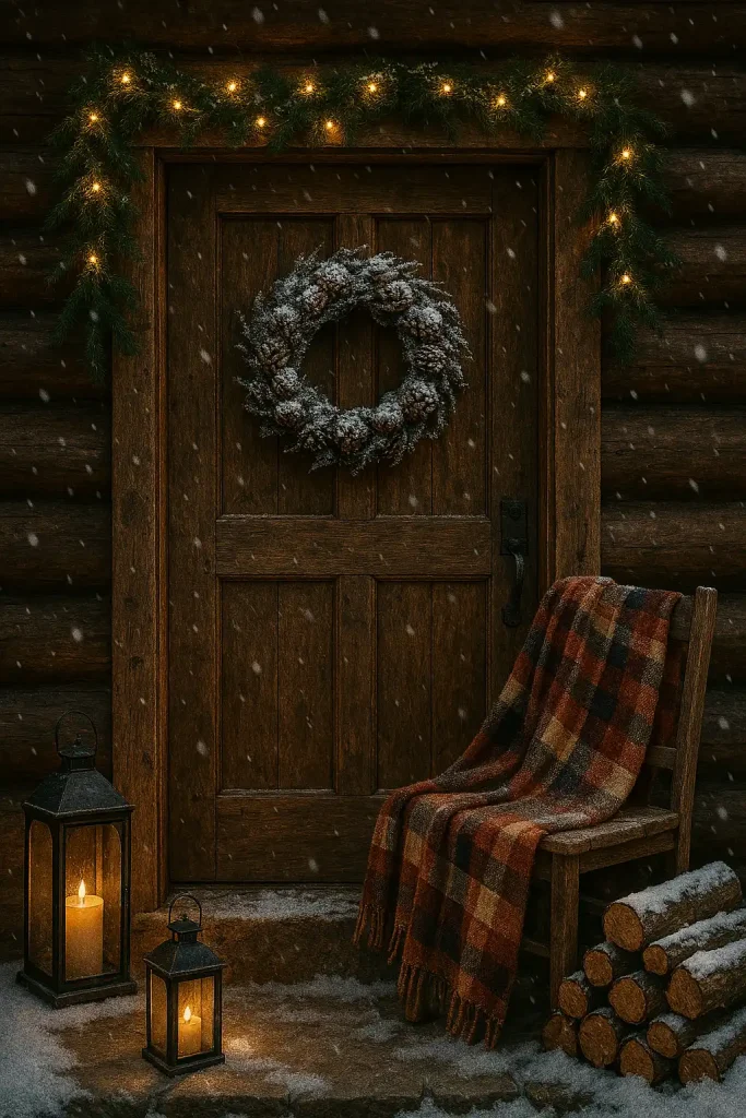 A rustic wooden door of a cabin in the woods, adorned with a wreath made of pinecones and twigs, dusted with snow. Garland with fairy lights draped over the top of the doorframe. A cozy plaid blanket hanging over a chair beside the door. Firewood stacked nearby and lanterns with candles softly glowing.