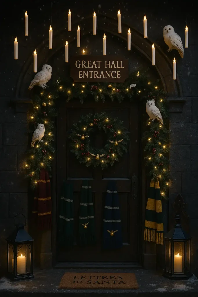 A door inspired by Hogwarts at Christmas. Floating candles, house scarves hanging, snowy owls, and magical wreaths. A sign that says “Great Hall Entrance” and golden snitch ornaments. Enchanting, cozy wizard Christmas vibes for fans.