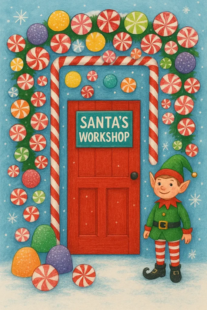 A playful and colorful Christmas door inspired by the North Pole. Candy cane striped garlands, a bright red door with a painted "Santa's Workshop" sign, oversized fake gumdrops and peppermints hanging around the frame, and a cheerful elf figurine standing nearby. Icy blue background with snowflakes.