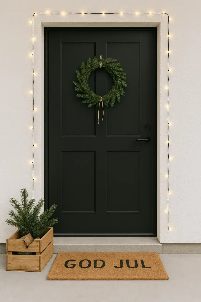 A sleek, modern front door in matte black or white with a minimal evergreen wreath tied with simple twine. Subtle string lights around the trim, a wooden crate with firewood and pine branches, and a neutral-toned doormat with a “God Jul” greeting. Clean and calm winter aesthetic.
