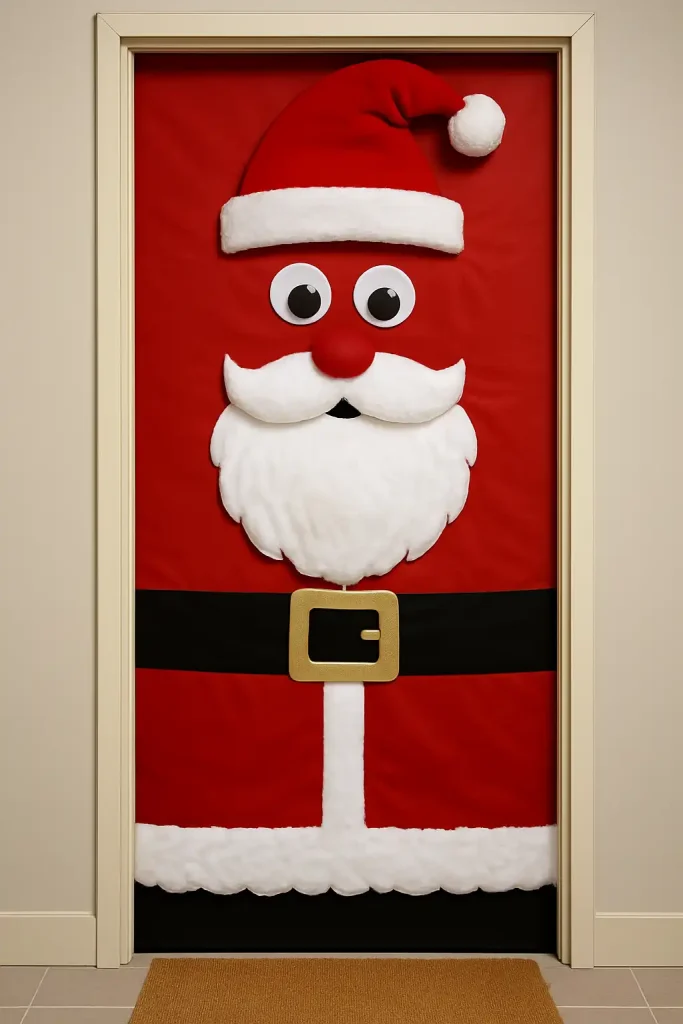 A door completely wrapped and styled to look like Santa Claus. Red fabric or vinyl covering the door, a white fluffy beard at the bottom, a black belt across the center with a gold buckle, and googly eyes and Santa’s hat at the top. Funny and bold Christmas decoration idea for families or schools.