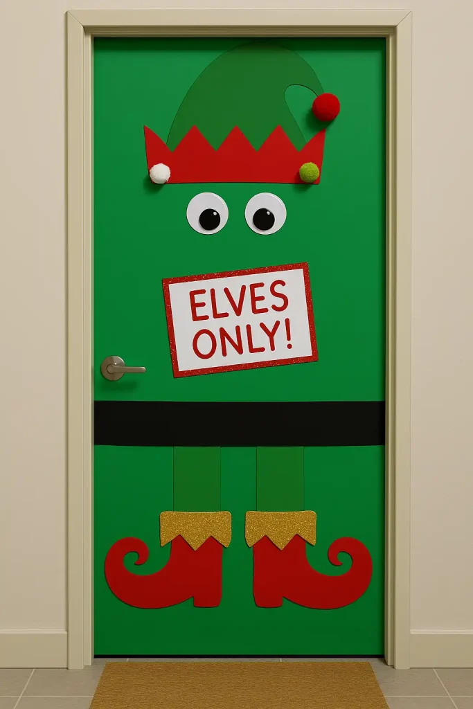 A child-friendly Christmas door decorated to look like an elf’s house. Bright green and red paper cut-outs, pointy elf shoes at the base, and a sign that says “Elves Only!” at kid-height. Playful, handmade look with pom-poms, glitter, and construction paper art. Ideal for classrooms or front porches.