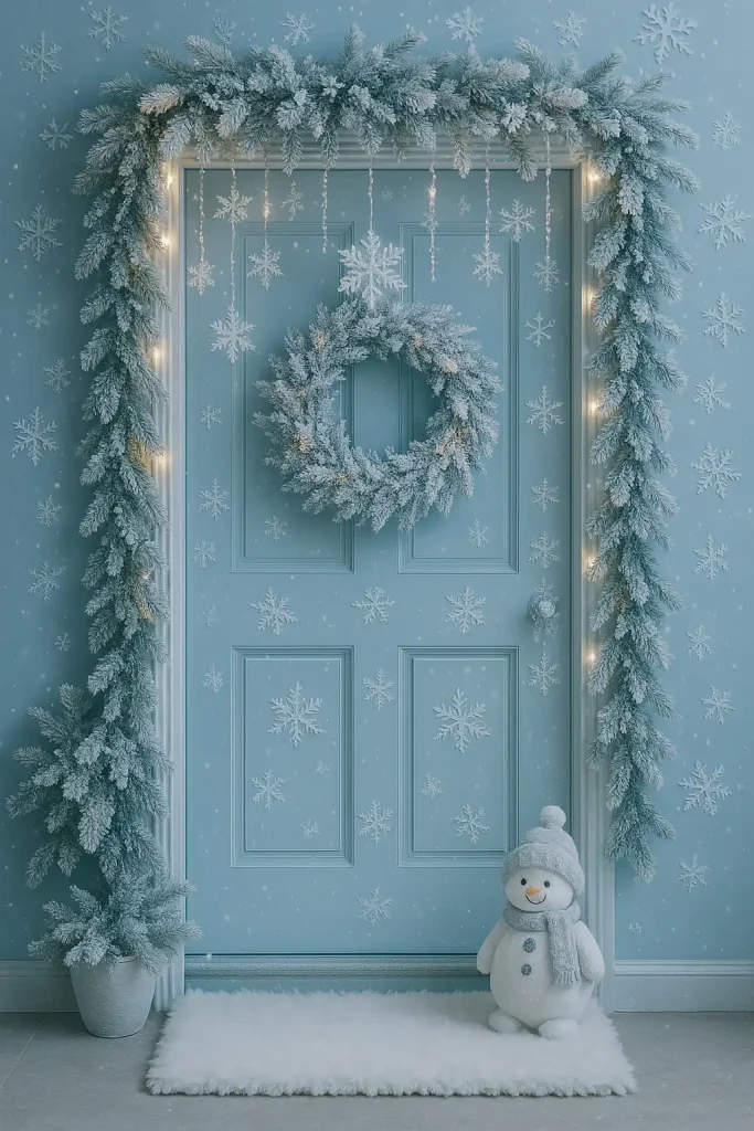 A sparkling winter-themed door with icy blue, silver, and white tones. Snowflake garlands, frosted pine branches, icicle string lights, and a wreath made of faux snow and glitter. A snowman figurine or polar bear near the entrance, with a white fluffy doormat. Dreamy and elegant.