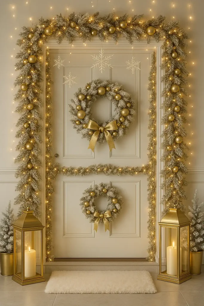 An elegant Christmas door decorated with gold and white accents. A white flocked wreath with gold ornaments and ribbon, metallic garlands, and tall gold lanterns with LED candles. White twinkle lights and delicate snowflakes hanging from above. A high-end, glamorous holiday style.