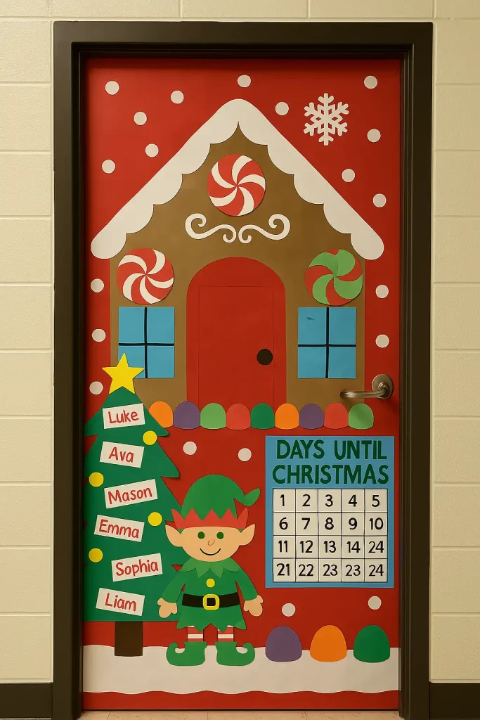 A classroom or office door transformed for Christmas with paper cutouts and educational flair. A Christmas tree made of student names, a countdown calendar, or a gingerbread house scene made with craft paper. Bright, fun, and interactive for kids or coworkers.