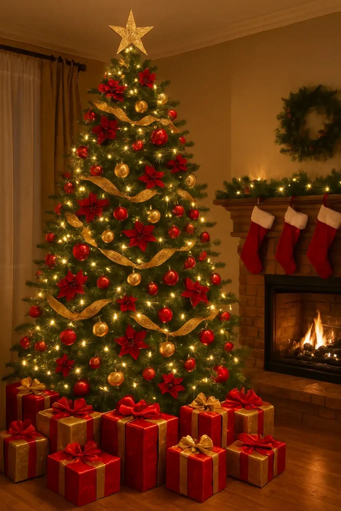 A majestic Christmas tree in a cozy living room, decorated with red and gold baubles, golden ribbon garlands, red poinsettia flowers, and twinkling warm white lights. A gold star tree topper shines brightly. Presents wrapped in red and gold paper surround the base. Fireplace and stockings in the background.