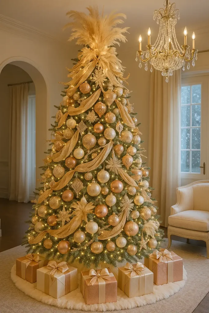 A glamorous 10-foot Christmas tree bursting with oversized ornaments, feathers, sparkling garlands, and dramatic ribbon cascading down. Hues of champagne gold, rose gold, and white. Glitzy wrapped gifts at the base and chandelier lighting above.