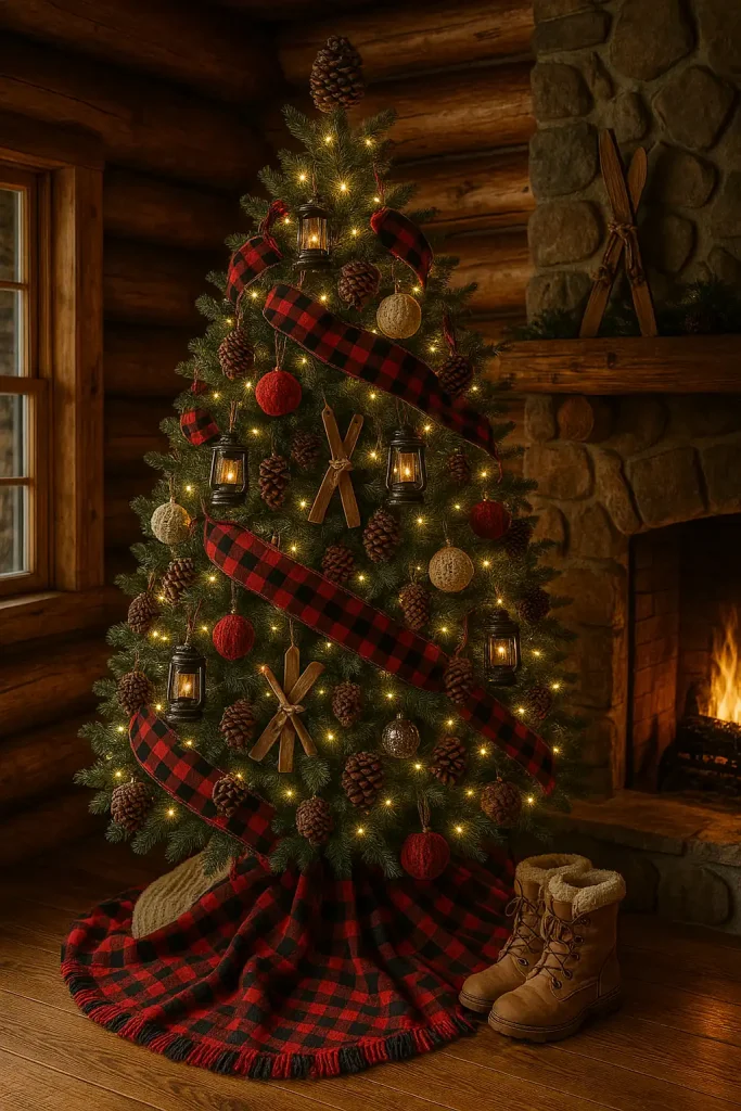 A cozy Christmas tree in a rustic log cabin, decorated with red and black buffalo plaid ribbon, vintage lantern ornaments, pinecones, wooden skis, and cozy knit baubles. Snow boots and a plaid blanket at the base. A roaring fire nearby completes the scene.