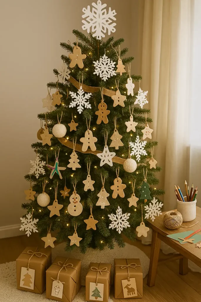 A heartwarming tree filled with handmade paper snowflakes, salt dough ornaments, popsicle stick crafts, and knitted decor. String lights and hand-drawn gift tags. Perfect for a crafty family vibe. A table with DIY supplies visible nearby.