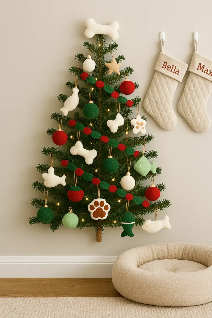 A short or wall-mounted tree decorated with plush, unbreakable ornaments shaped like bones, balls, fish, and paw prints. Red and green felt garlands. Stockings labeled with pet names hang nearby. A cozy dog bed or cat perch beside the tree.