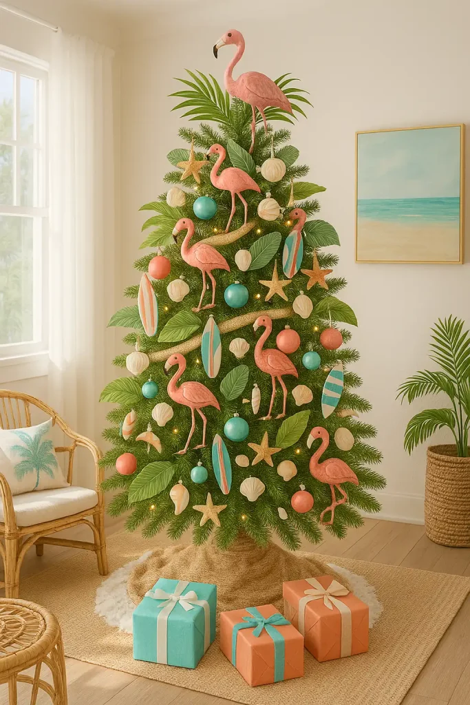 A bright and breezy beach-style Christmas tree with flamingo ornaments, palm leaves, seashells, and surfboard miniatures. Decor in shades of turquoise, coral, and sandy beige. Set in a sunlit room with rattan furniture and coastal artwork.