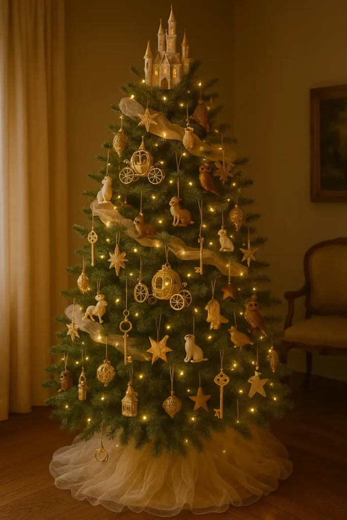 A magical Christmas tree inspired by fairy tales—featuring castle ornaments, miniature carriages, golden keys, open books, and woodland creatures. A soft glow of warm lights and tulle or organza garland wrapping around like a fairy trail.