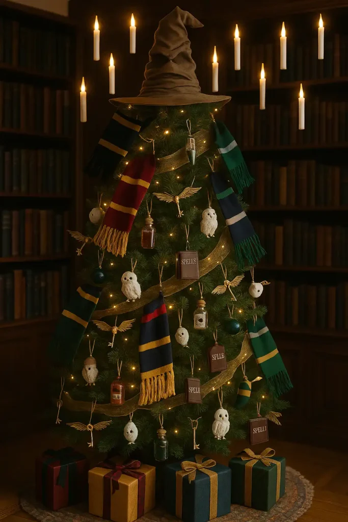 A themed tree decorated with house scarves (Gryffindor, Slytherin, etc.), flying keys, potion bottles, spellbook ornaments, and tiny owls. Floating candles as lights. Topped with a Sorting Hat or golden snitch. Set in a library nook or book-filled room.