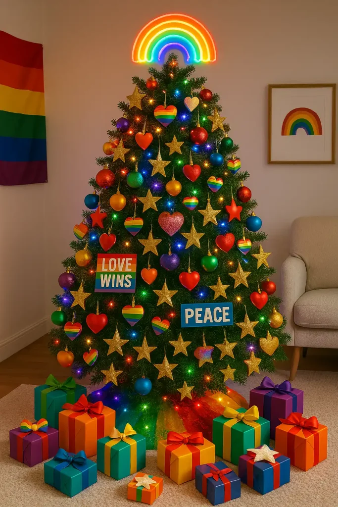 A joyful and inclusive Christmas tree decked out in rainbow ornaments, pride flags, glitter stars, and heart-shaped baubles. Neon fairy lights and a radiant rainbow tree topper. Positive messages like "Love Wins" and "Peace" scattered throughout.