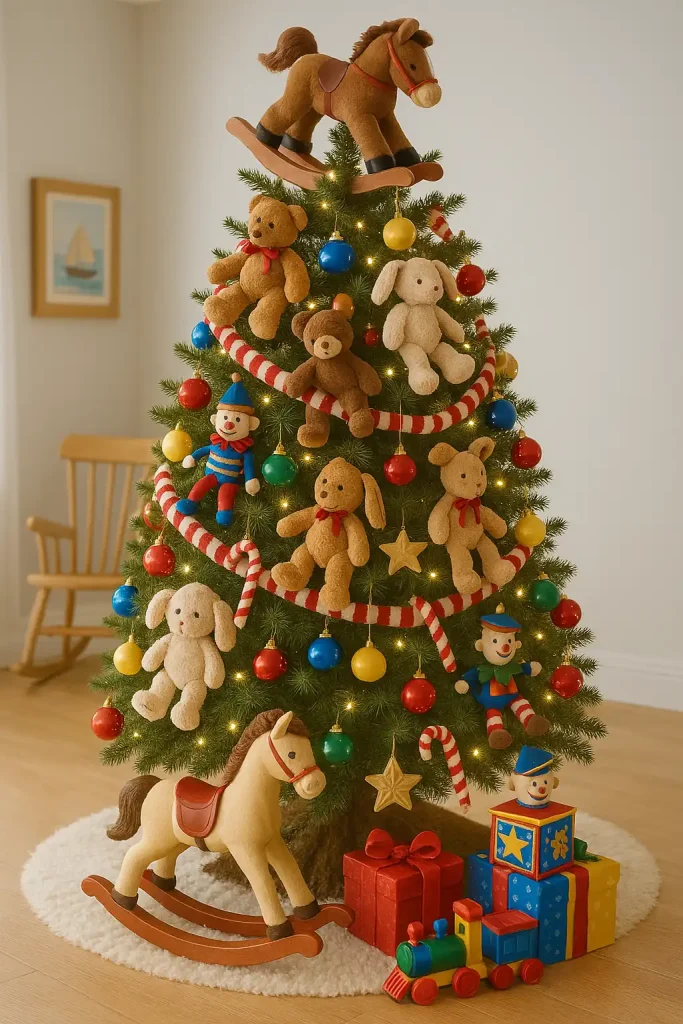 A whimsical tree for children featuring stuffed animals, trains, jack-in-the-boxes, teddy bears, and bright primary-colored ornaments. Candy cane-striped garlands. A rocking horse and wrapped toys at the base. Think vintage meets playroom magic.