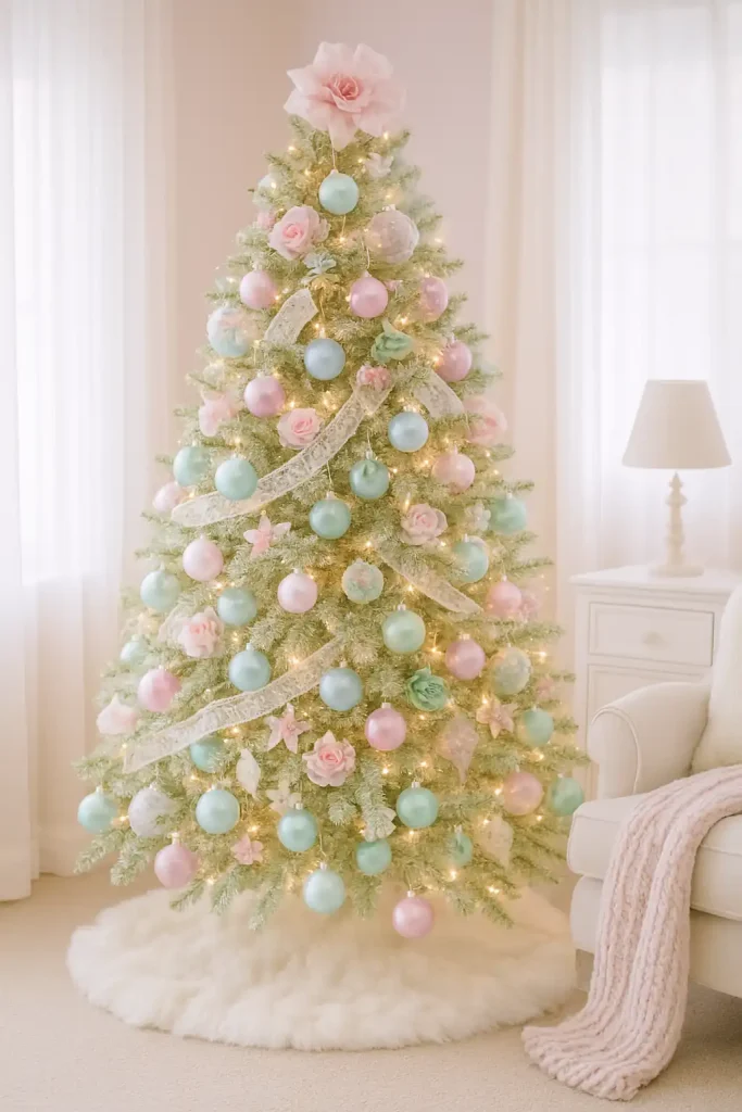 A soft pastel-colored Christmas tree with ornaments in baby pink, mint green, lavender, and powder blue. Delicate florals, lace ribbon, and iridescent touches. A dreamy room with soft lighting, white furniture, and cozy throws.