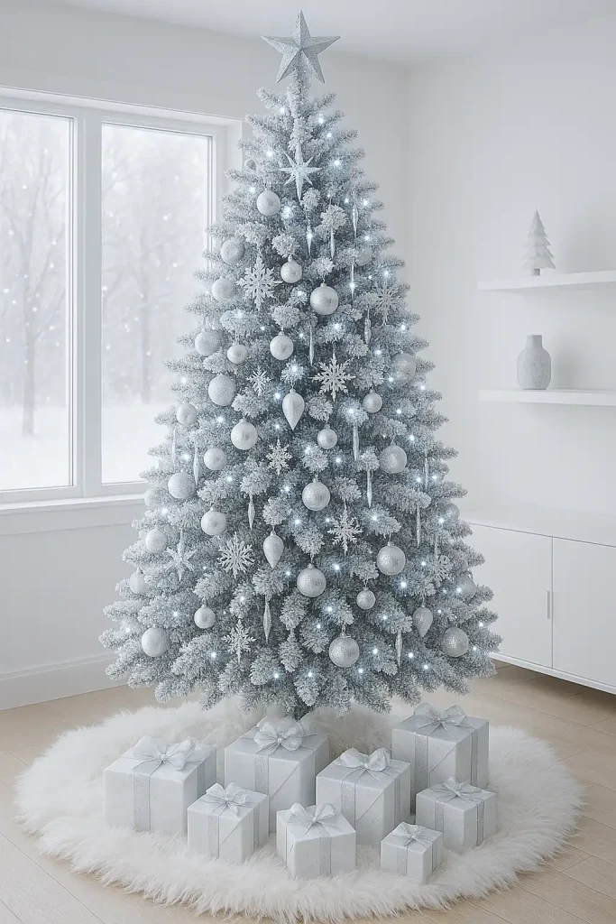 A tall, snow-frosted Christmas tree with white and silver ornaments, crystal icicles, and fairy lights that glow cool white. The setting is a modern white living room with fluffy white rugs and minimalist decor. Snow gently falls outside a large window in the background.